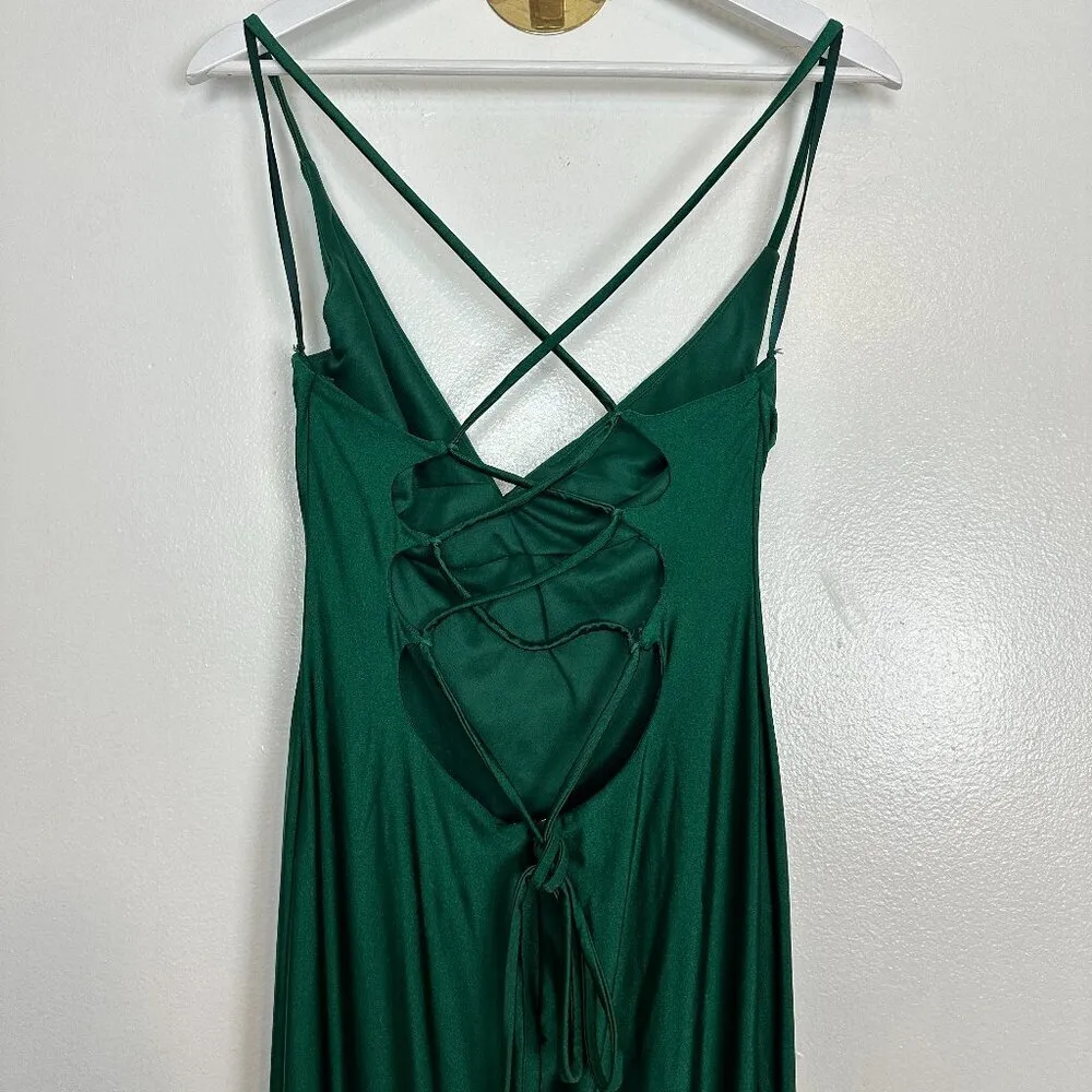 LA FEMME Cross Back Satin Jersey Trumpet Gown in Emerald Size US 4 - Image 7