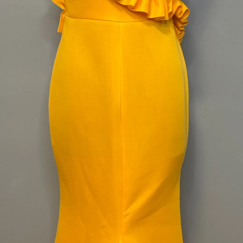 Vibrant Yellow One Shoulder Ruffle Dress Size Large Gold - Image 13