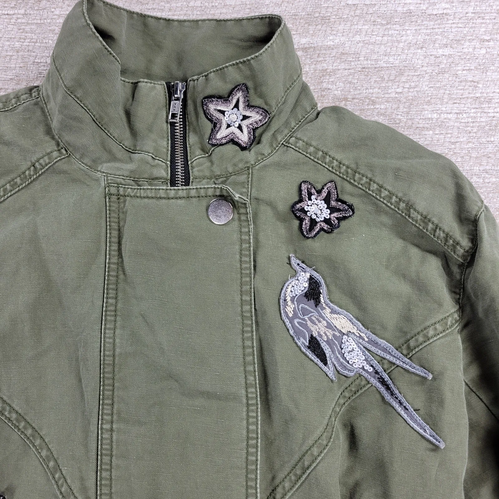 Cabi Bird Utility Jacket Women’s XXS Green Linen Sequin Appliqué Military Parka - Image 6