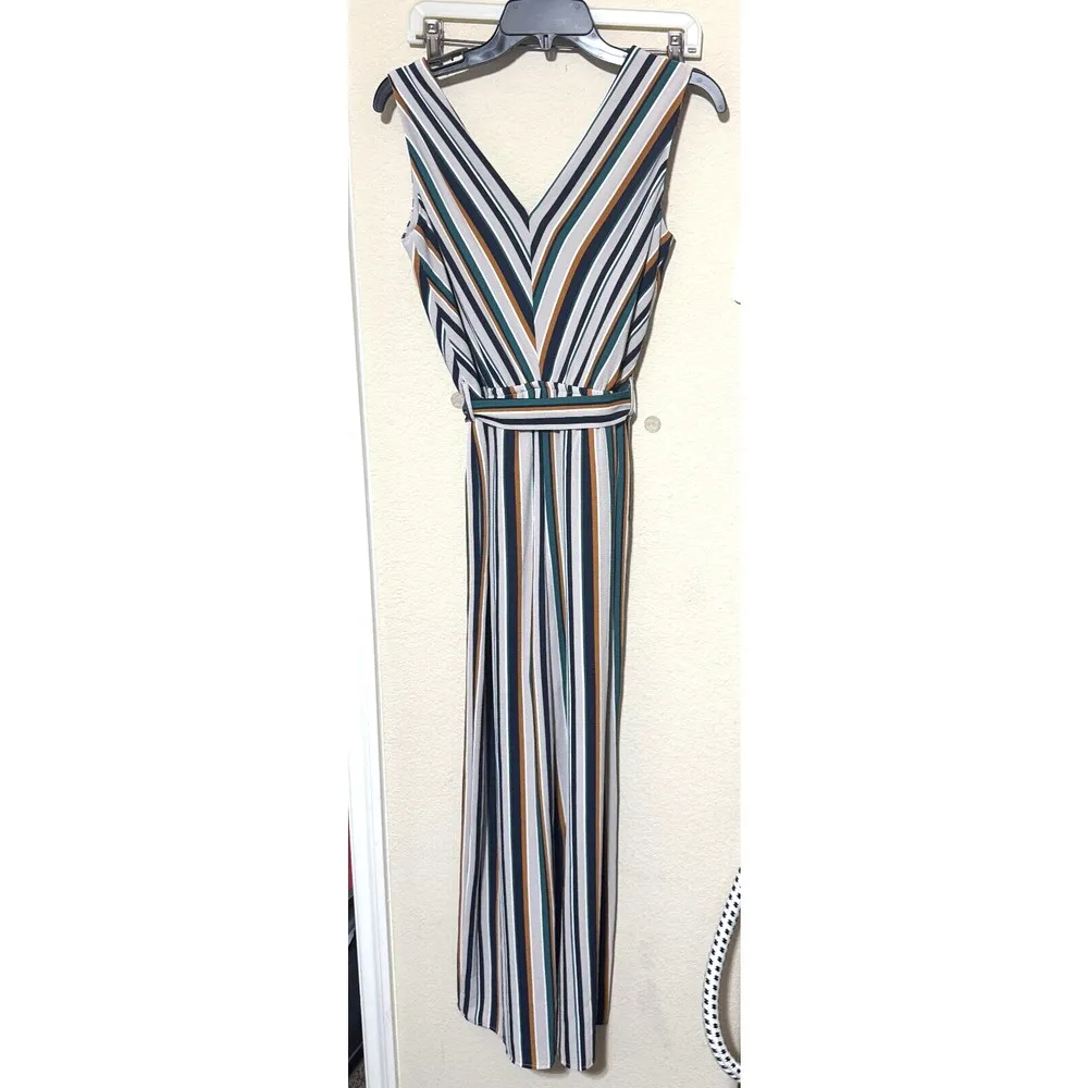 Maurices Jumpsuit sleeveless Womens S gray navy green stripe v-neck crepe belted - Image 5