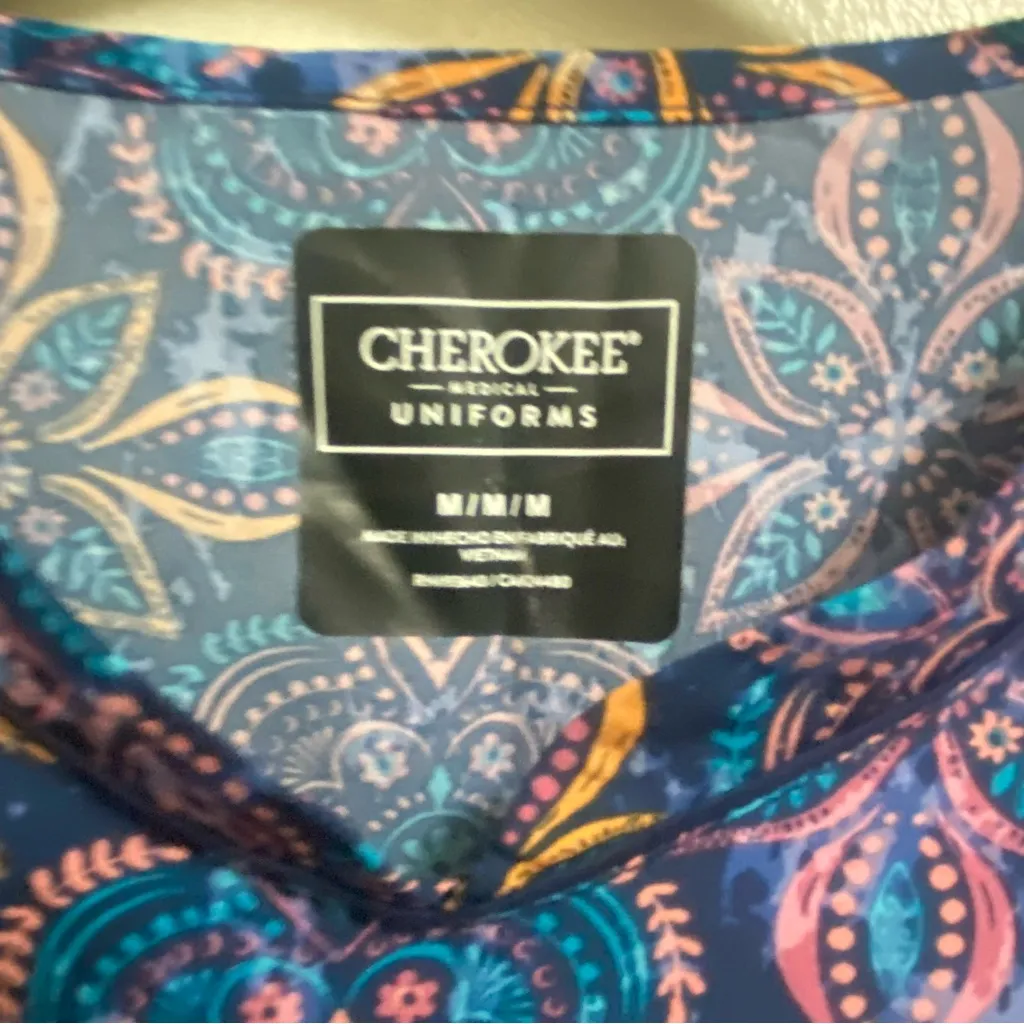 Cherokee Womens Scrubs Scrub Top M Medium 40” Boho Floral Blue Purple Orange - Image 2