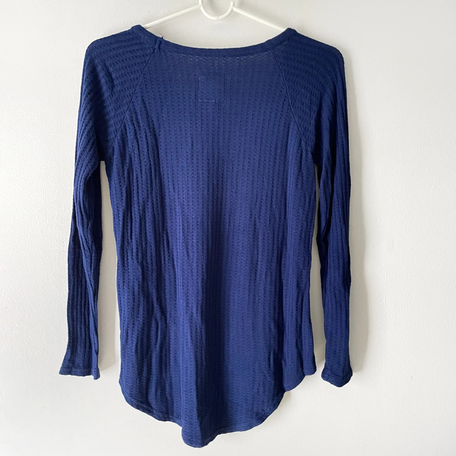 Royal Sapphire Electric Blue Waffle Knit Thermal Long Sleeve Raw Hem Shirt - Image 4