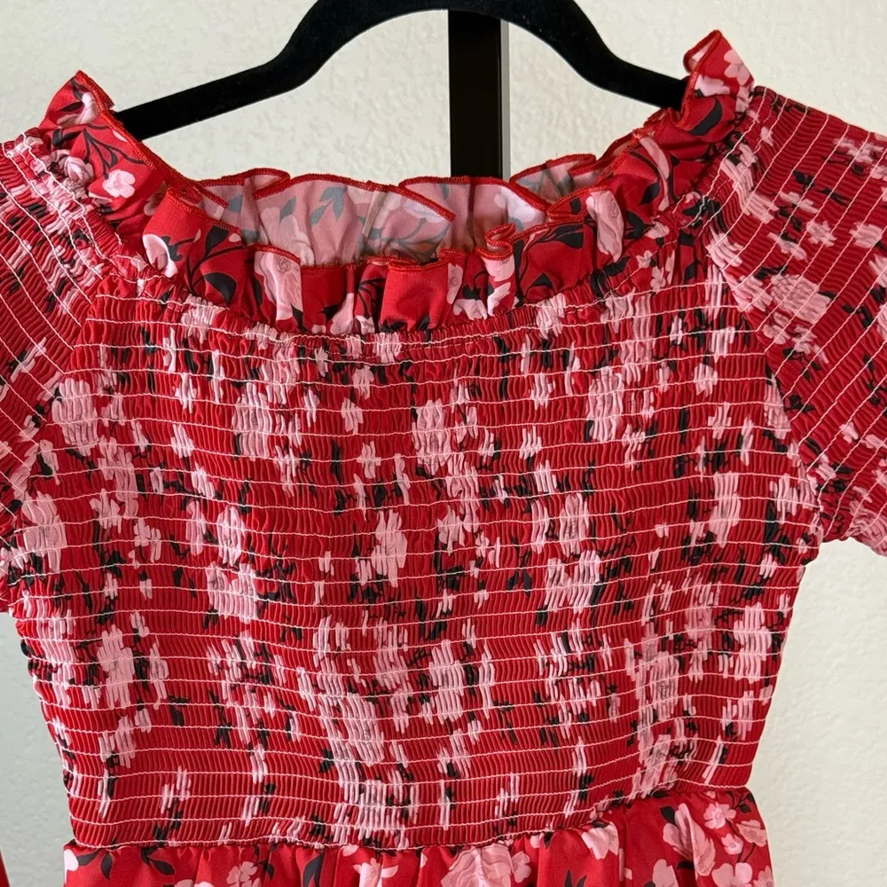 Boho Smocked Mini Dress Knee Length Floral Print Off Shoulder Flowy Stretch Boho Red Size XS - Image 2