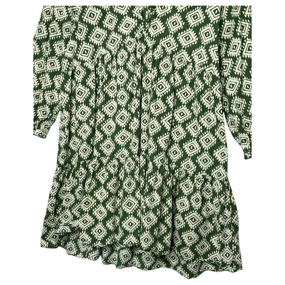 Zara Dress Womens M Mini Cadie Geometric Print Boho Tiered Pleated Tie Green - Image 3