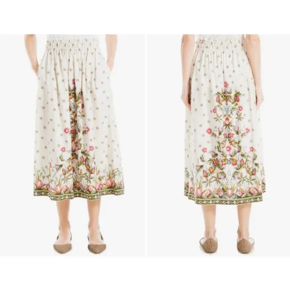 💕MAX STUDIO💕 Print Linen Blend Midi Skirt ~ Ecru/ Rd Vntg T Towel Large L NWT - Image 2