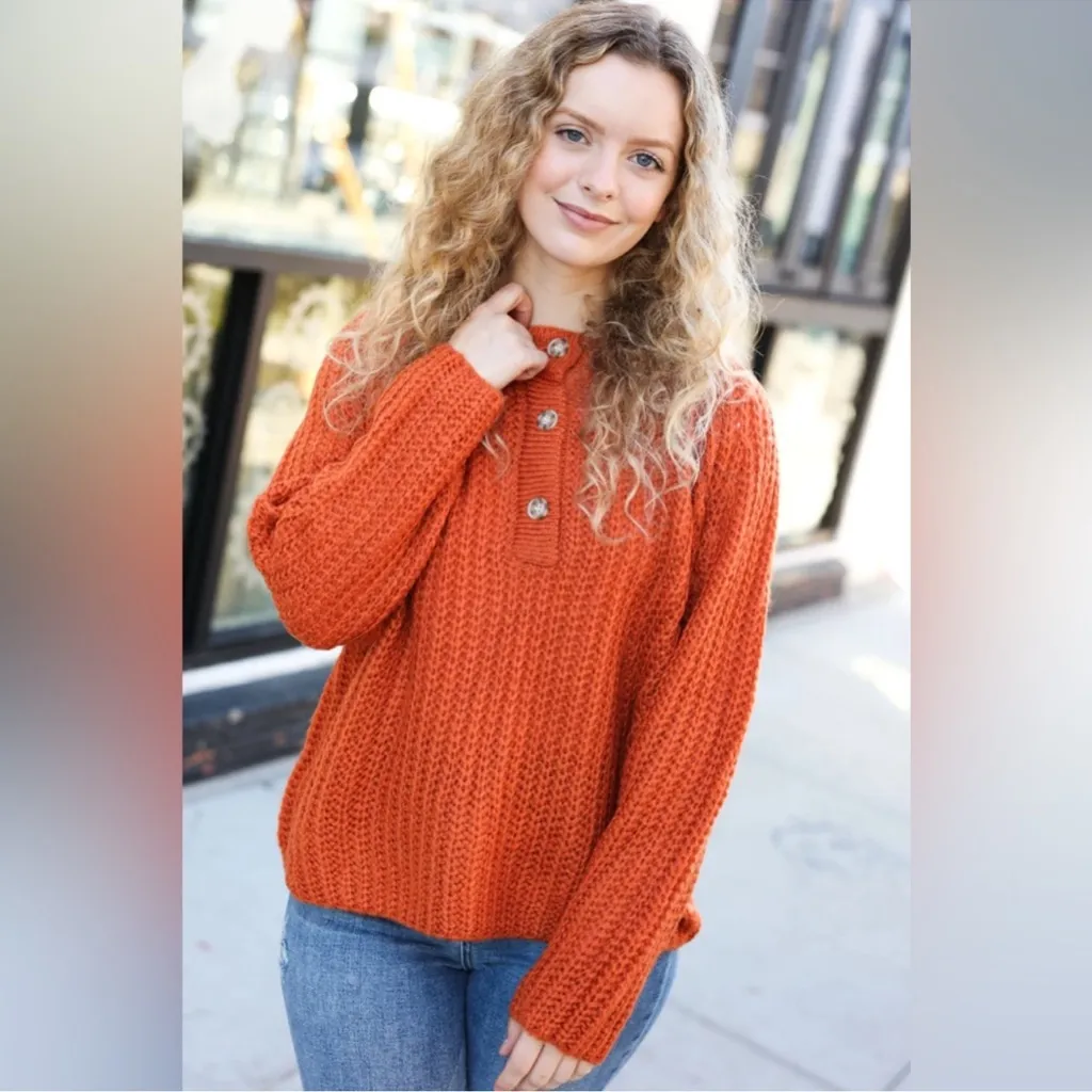 Bibi Better Than Ever Rust Loose Knit Henley Button Sweater. Size Large. - Image 2