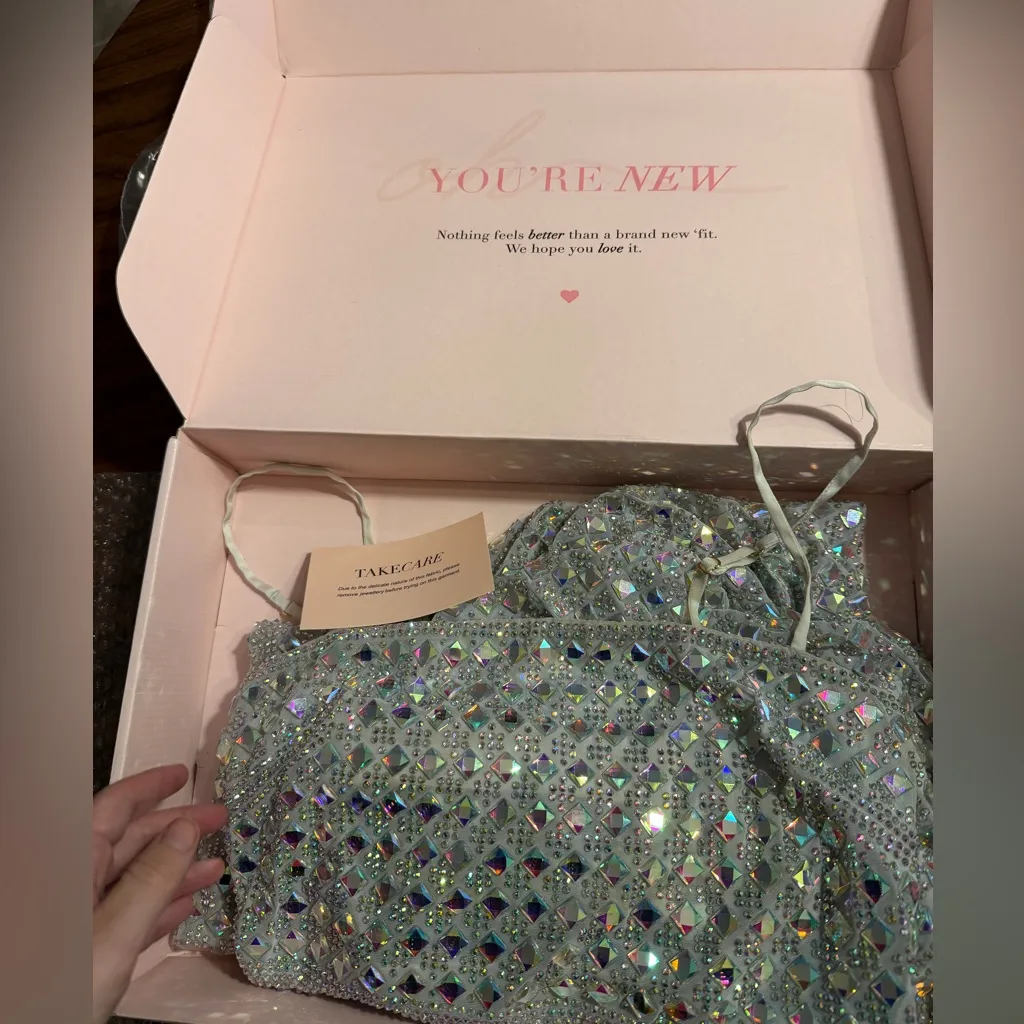 Oh Polly Prisha Silver Embellished Square Neck Evening Dress UK 6 US 2 NYE - Image 2