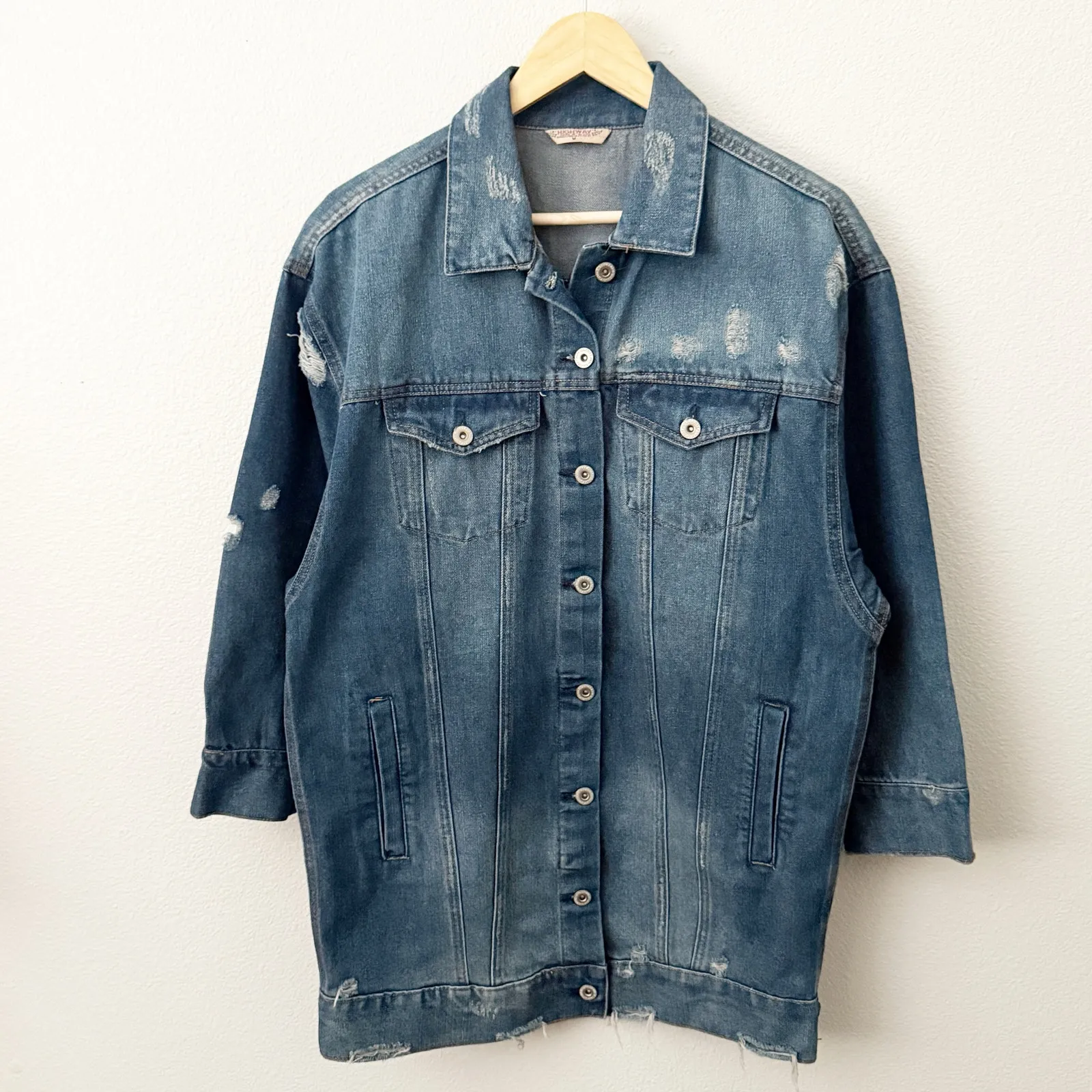 Highway Jeans  | Oversized Denim Jacket Jean Distressed Long Length Wash | Medium - Image 2