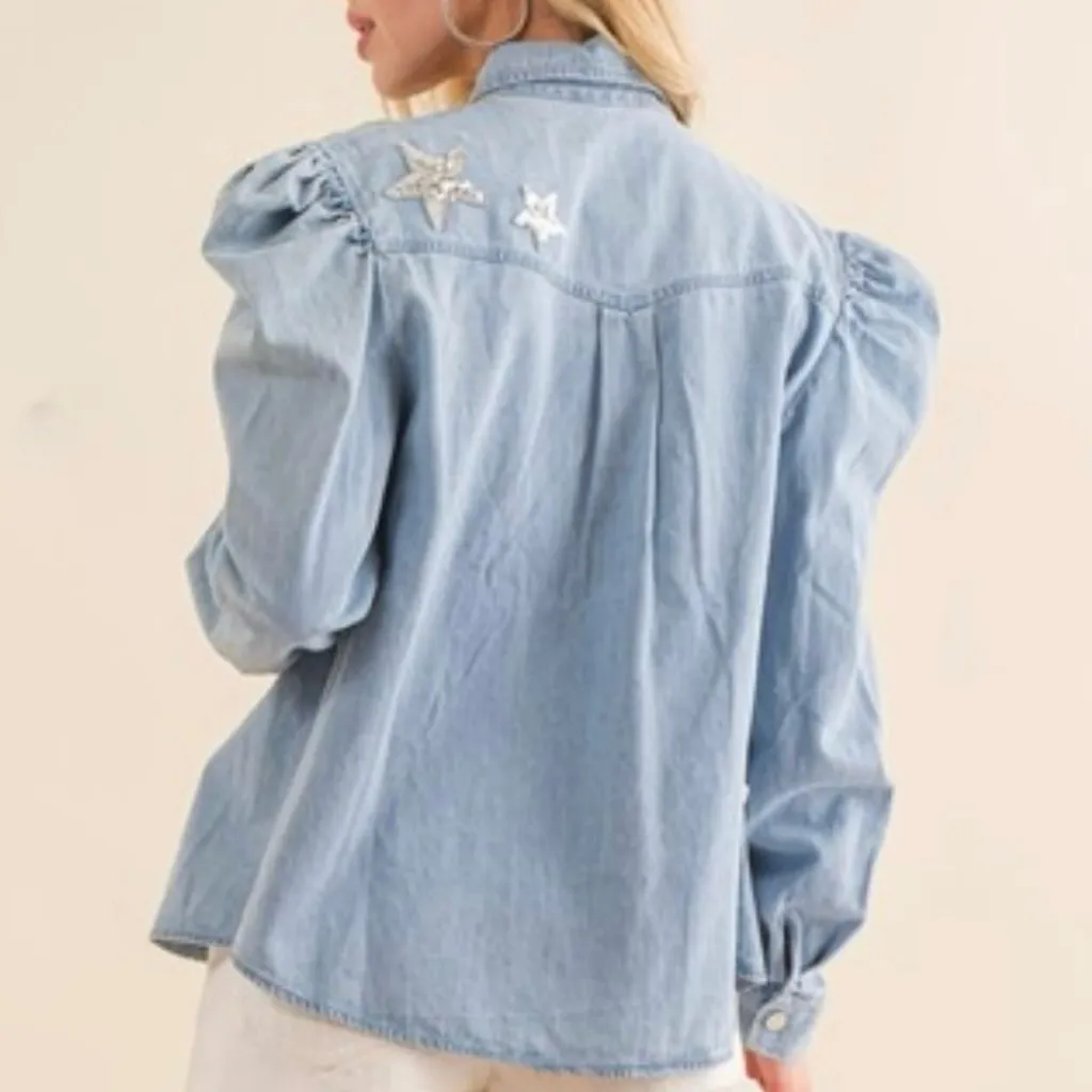 NWOT Western star Sequin button up Shirt size M Blue Size M - Image 3