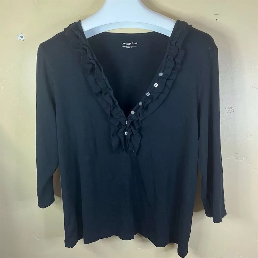 Charter Club Womens Size 2X Black Ruffle Long Sleeve Blouse Button Down Top - Image 2