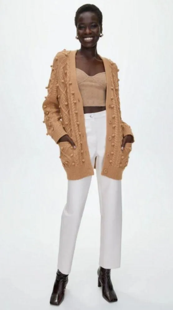 💕ARITZIA WILFRED💕 Alps Cardigan ~ Pom Pom Cable Knit Antique Beige Small - Image 3