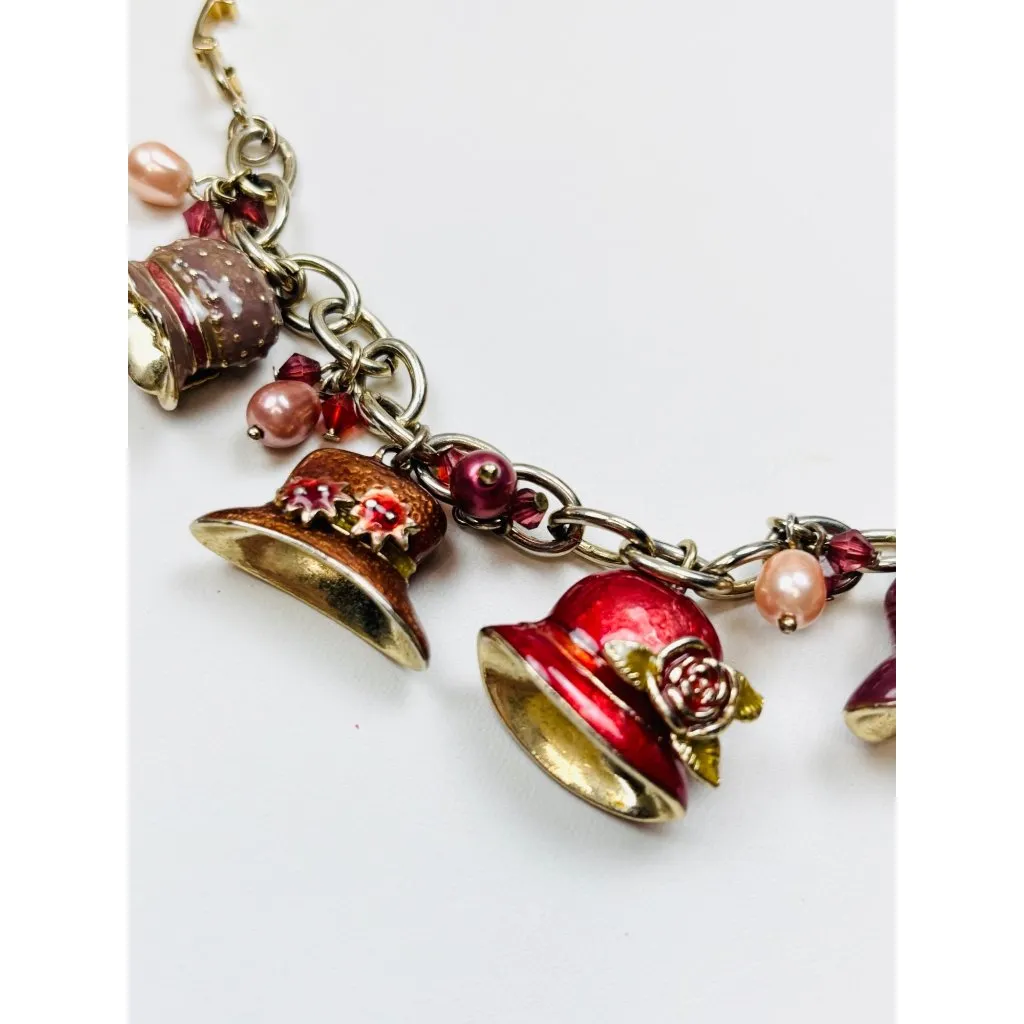 LC  Liz Claiborne Pink Hat Charm Bracelet With Pearls & Beads Gold-Tone Chain 7 - Image 3