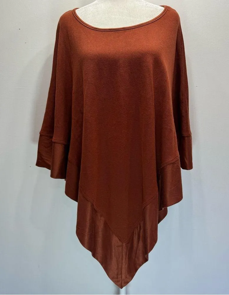 Chico’s Rust Orange Brown Knit Poncho with Shimmery Sueded Satin Trim Size L/XL - Image 4