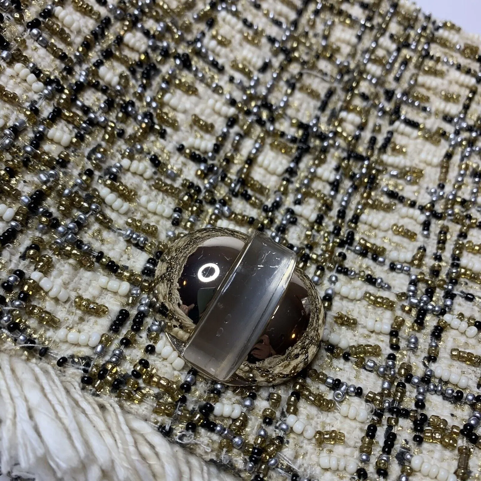 Zara Green Beaded Tweed Clutch Bag Fringe Metal Chain - Image 4