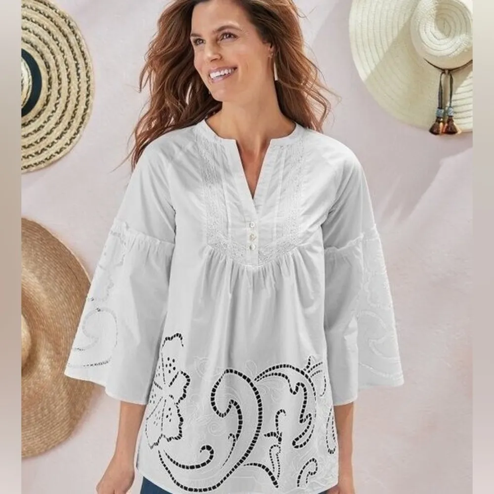 Soft Surroundings Flora Eterna Tunic White Embroidered Cut Out Size Large - Image 2