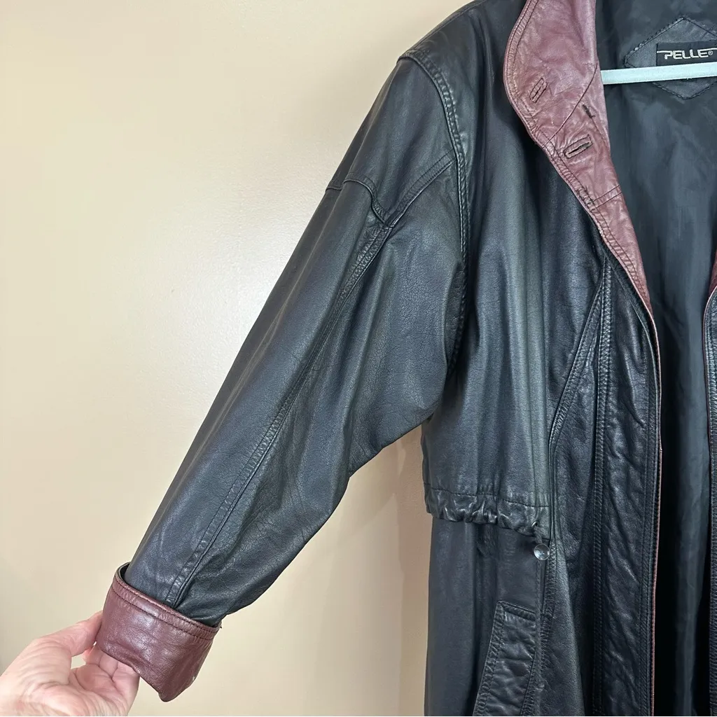 Vintage Pelle Two Toned Black & Burgundy Long Leather Trench Coat Womens Medium - Image 5