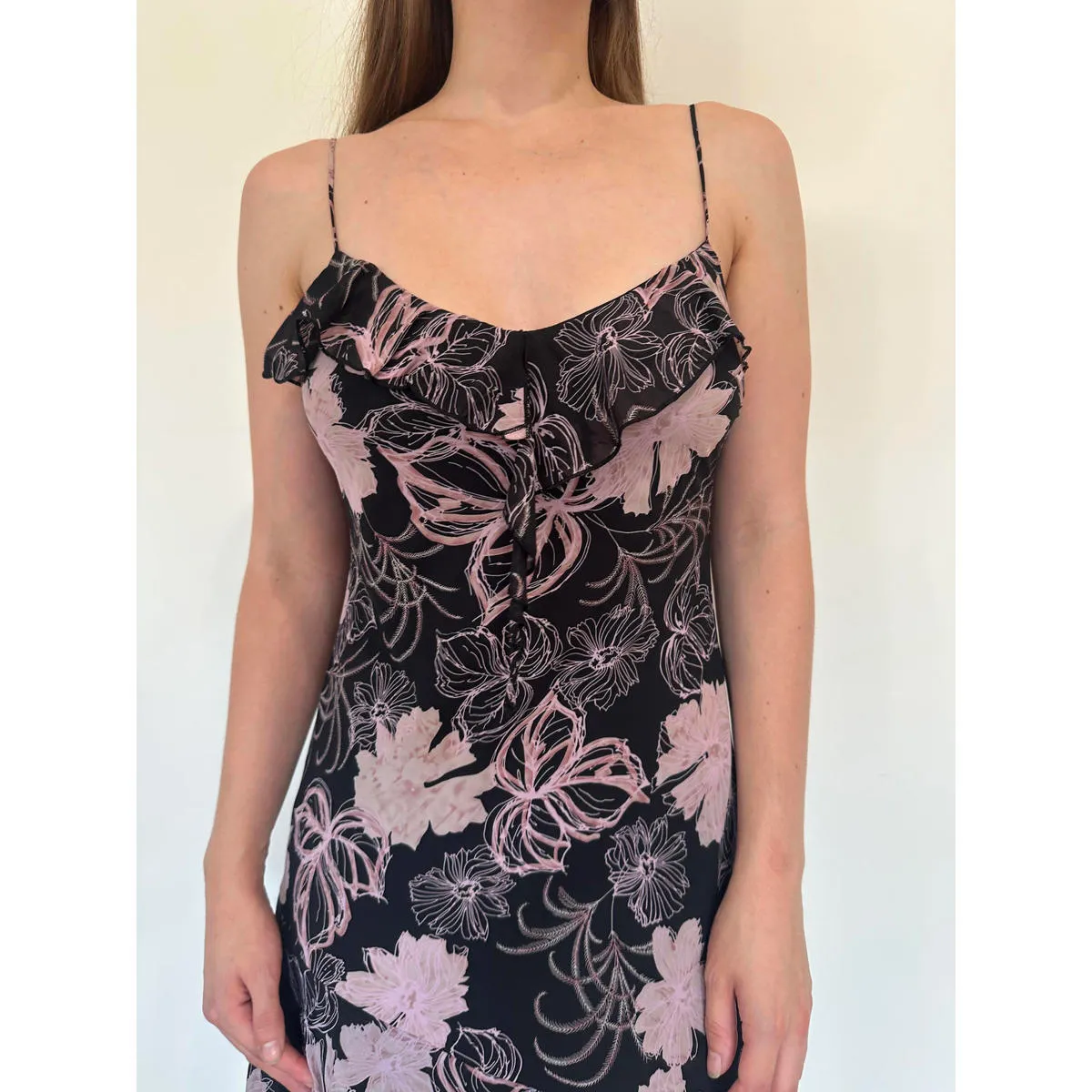 Black and Pink Floral Ruffle Mesh Vintage Casual Summer Dress - Image 6