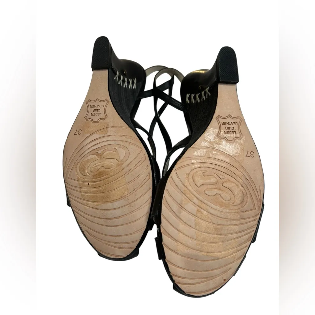 S2 Scene Vintage Leather Slingback Peep Toe Woven Cutout Low Wedge | EU 37 Black Size 6 - Image 16