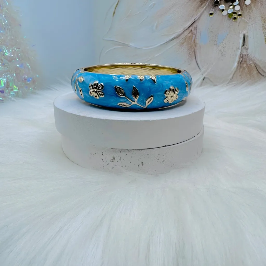 The Sky Blue and Gold Thick Enamel Floral Design Bangle Bracelet - Image 7