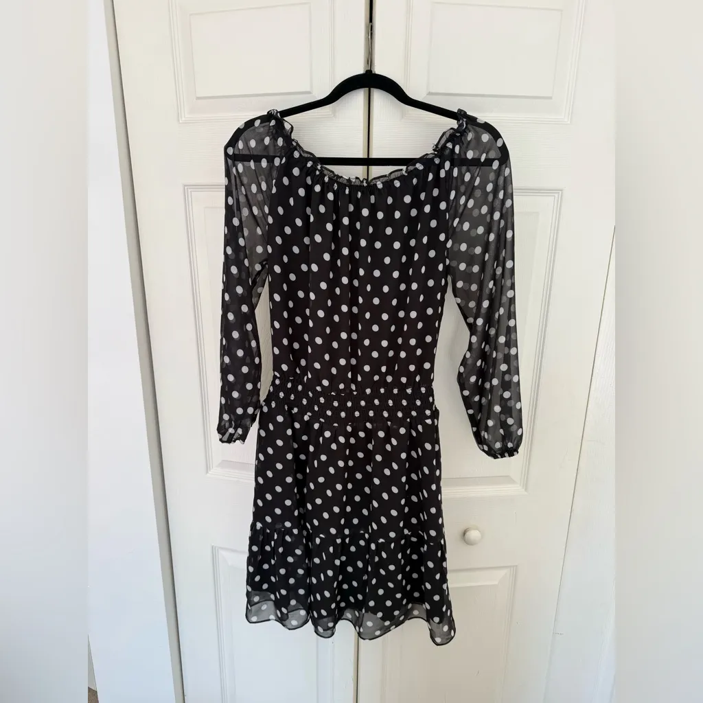 Polk-a-Dot Shoulder Skimming Smocked Waist Dress Black White Polka Dots Size XS - Image 9