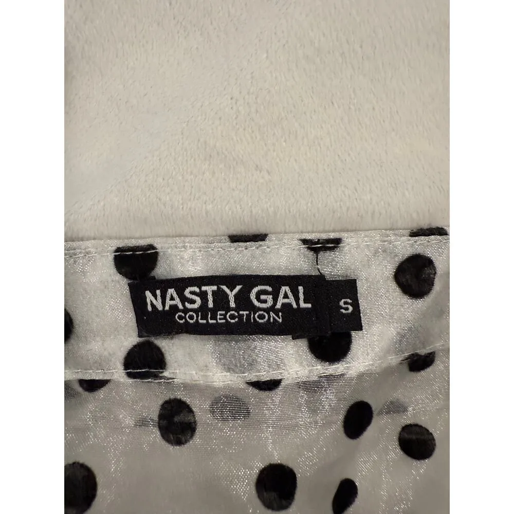 Nasty Gal Collection Balloon Sleeve Polka Dot Button Up Shirt White Women Small - Image 6