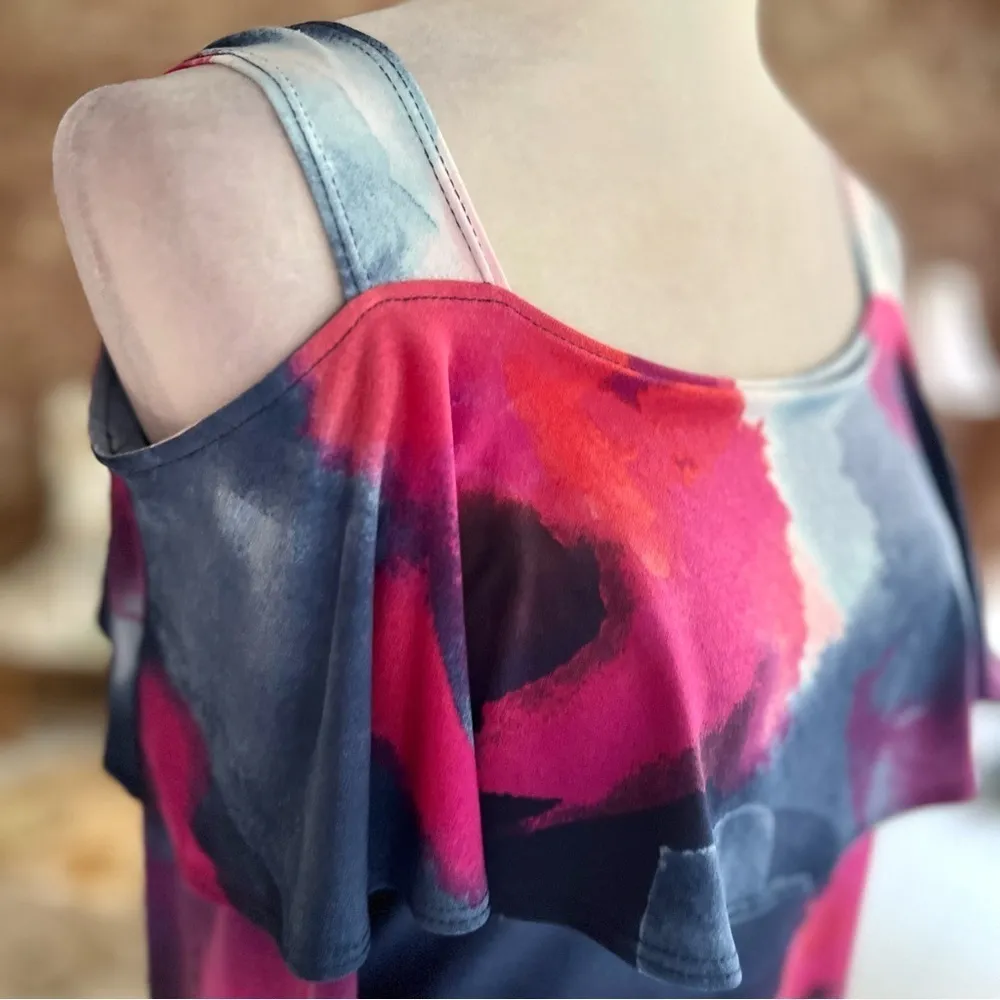 Clara Sun Woo Top Cold Off the Shoulder Blue Pink Top XS Jersey Knit Cocktail - Image 13