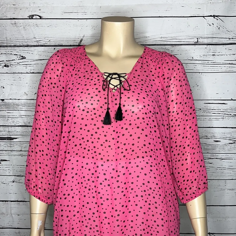 Lane Bryant Size 18/20 Pink & Black Polka Dot Lace-Up Neckline Sheer Blouse Top - Image 2
