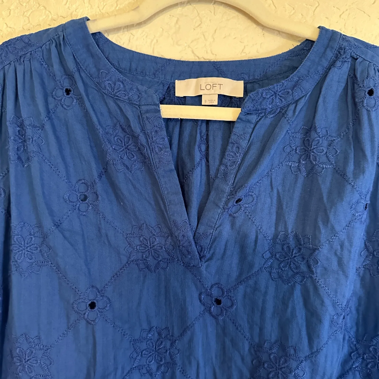 LOFT Blue Eyelet‎ SMALL Embroidered Long Sleeve Blouse Top Shirt Womens - Image 6