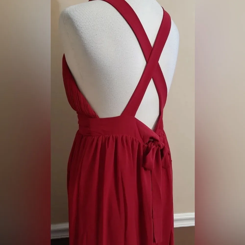 Burgundy Pleated Deep V-Neck Criss Cross Back Modcloth Maxi Dress Gown Medium - Image 9