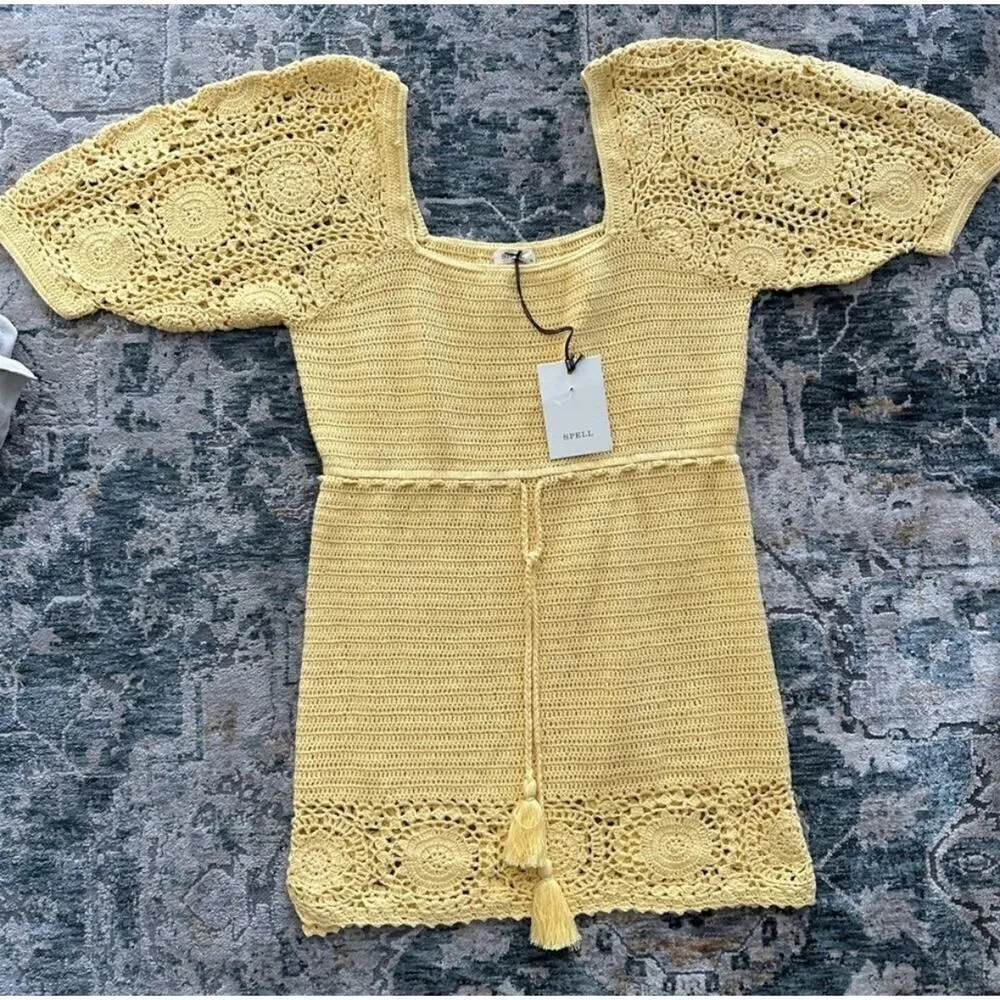 NWT SPELL crochet knit yellow dress Yellow Size M - Image 5