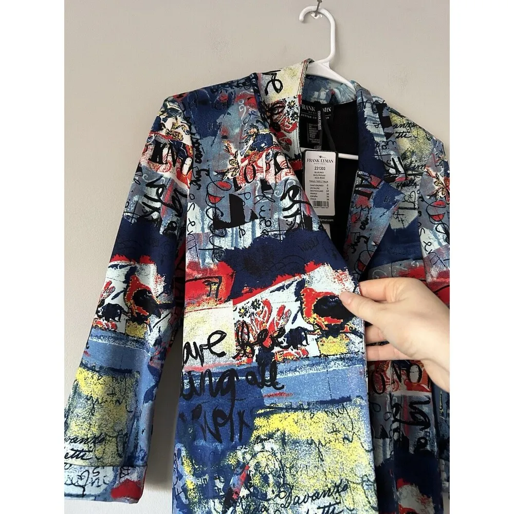 Frank Lyman Blue/Red Abstract Print Open Front Blazer Size 4 Art To Wear Luxury Blue - Image 5
