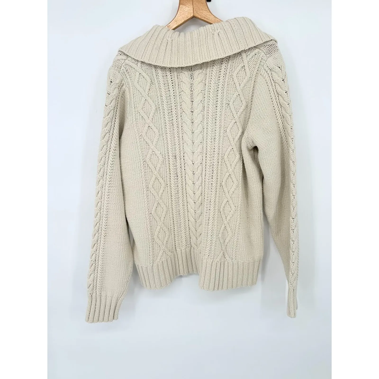 Eddie Bauer Women L Tall Cardigan Sweater Cream Shawl Collar CableKnit Fisherman - Image 4