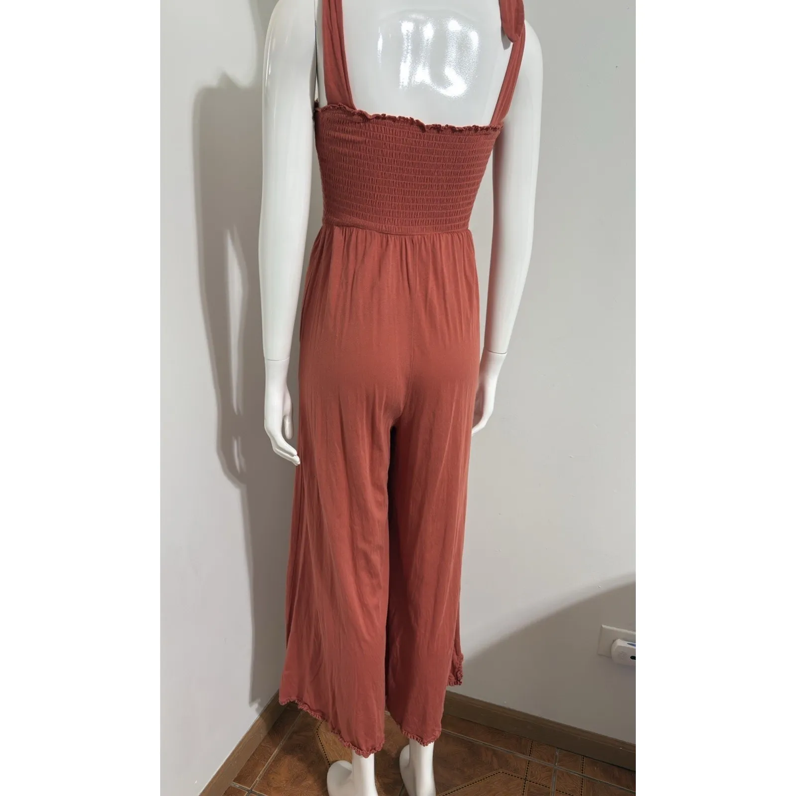 Free People Women’s Smocked Wide-Leg Bohemian Jumpsuit Rust Orange XS - Image 7