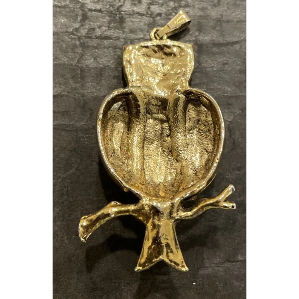 Vintage Owl Pendant Brown Glass Jelly Belly Cabochon Gold Tone Retro MCM‎ Boho - Image 2