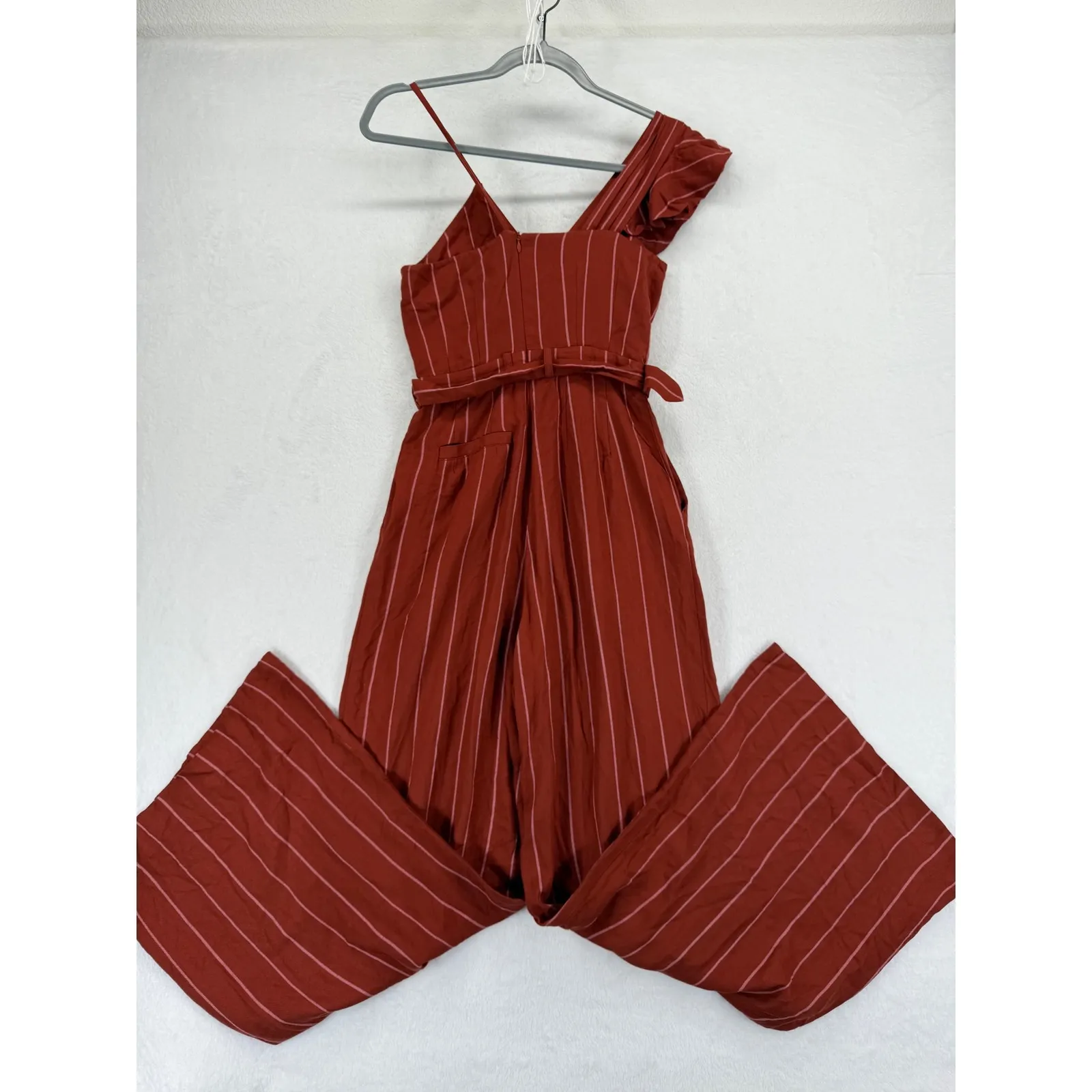 Womens Ruffle‎ One Shoulder Wide Leg Striped Jumpsuit Rust Sz 0 XXXS Red - Image 13