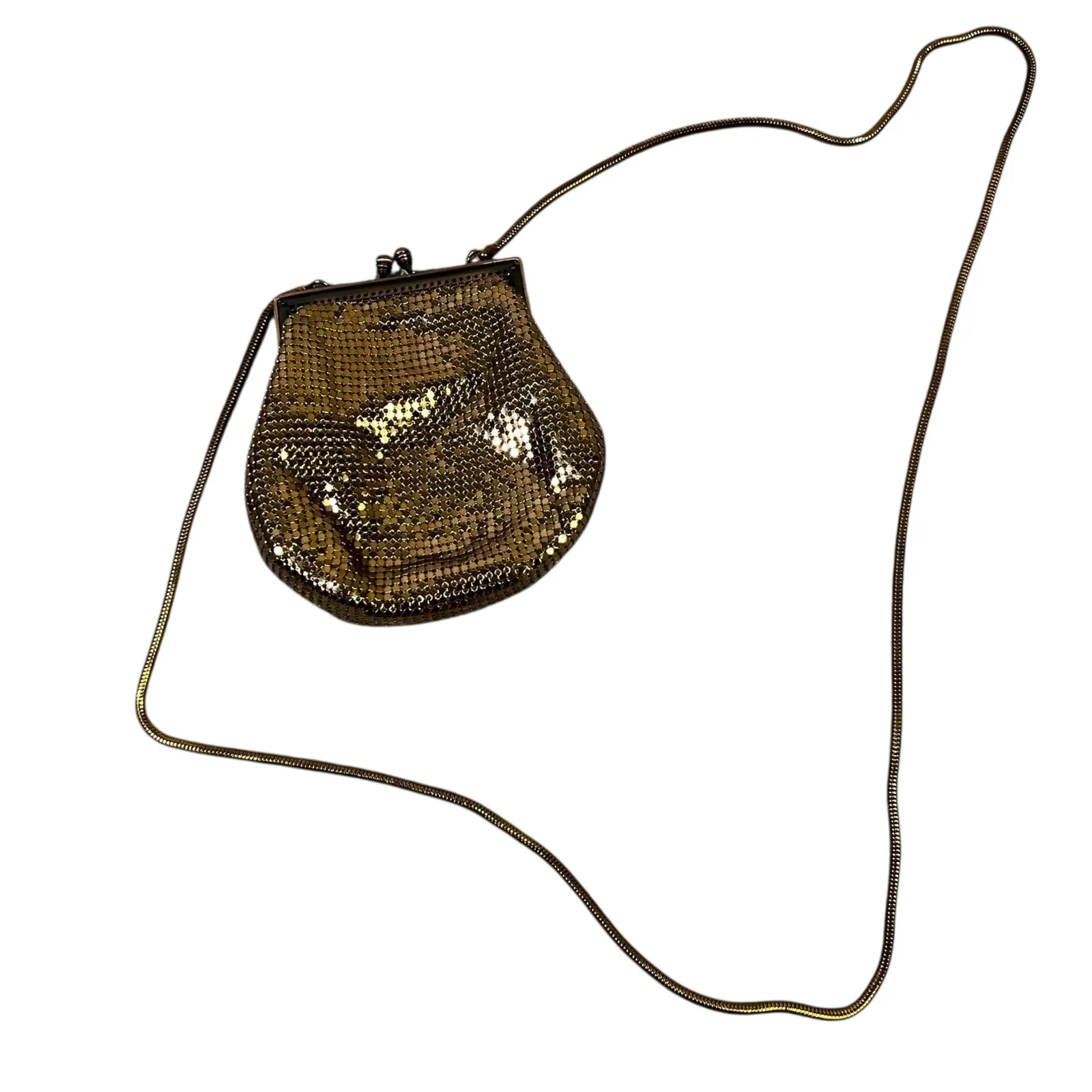 Vintage Gold Mesh Evening Clutch Bag Chain Strap Kiss Lock Small Purse - Image 2