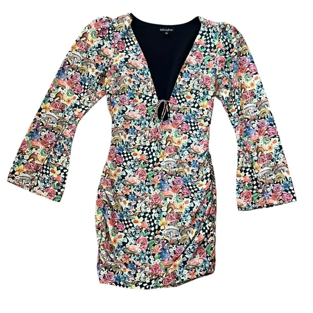 For Love & Lemons Womens June Bell Sleeve Black Checkerboard Mushroom Mini Dress - Image 2