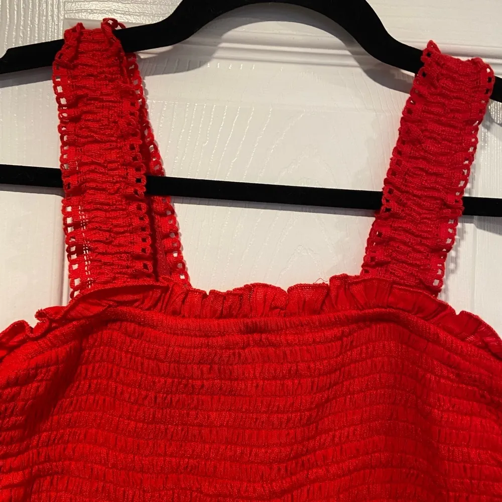 Joppa Size XS Red Stretchy Smocked Ruffle Hem Eyelet Lace Strap Crop Tank Top - Image 2