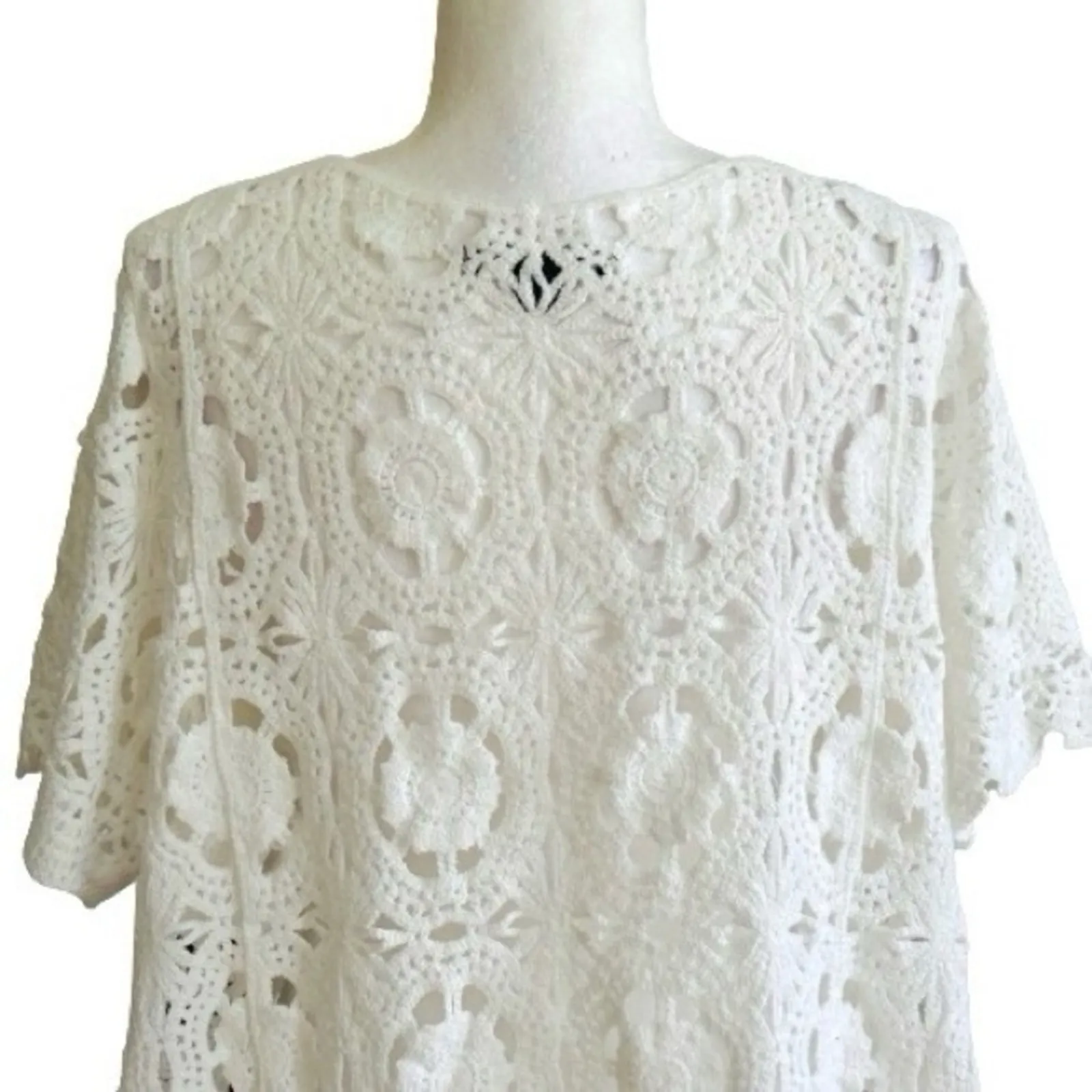 Roamans Top Sweater White French Crochet Short Sleeve Cotton Top Plus 18/20 NEW Size 1X - Image 5