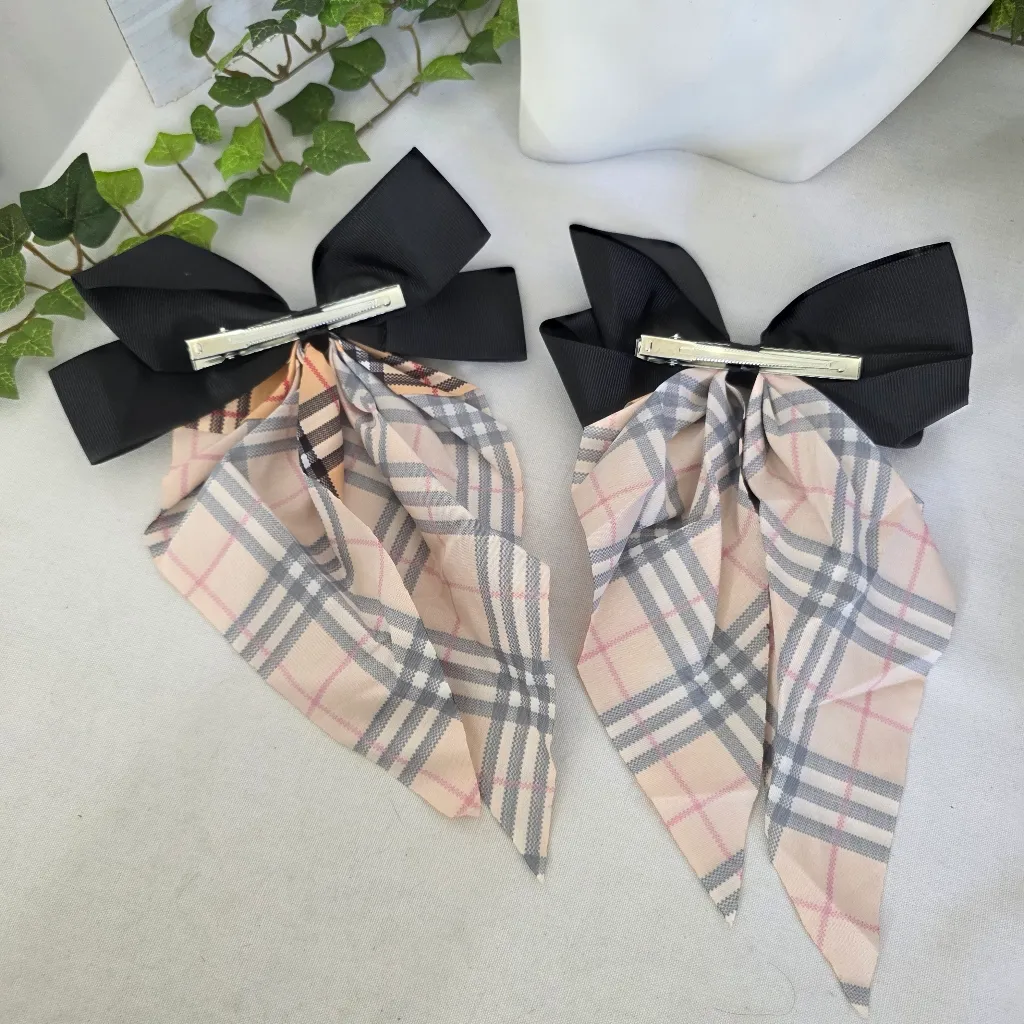 Pair Caramel Tartan Plaid and Black Hair Bow Alligator Clip - Image 3