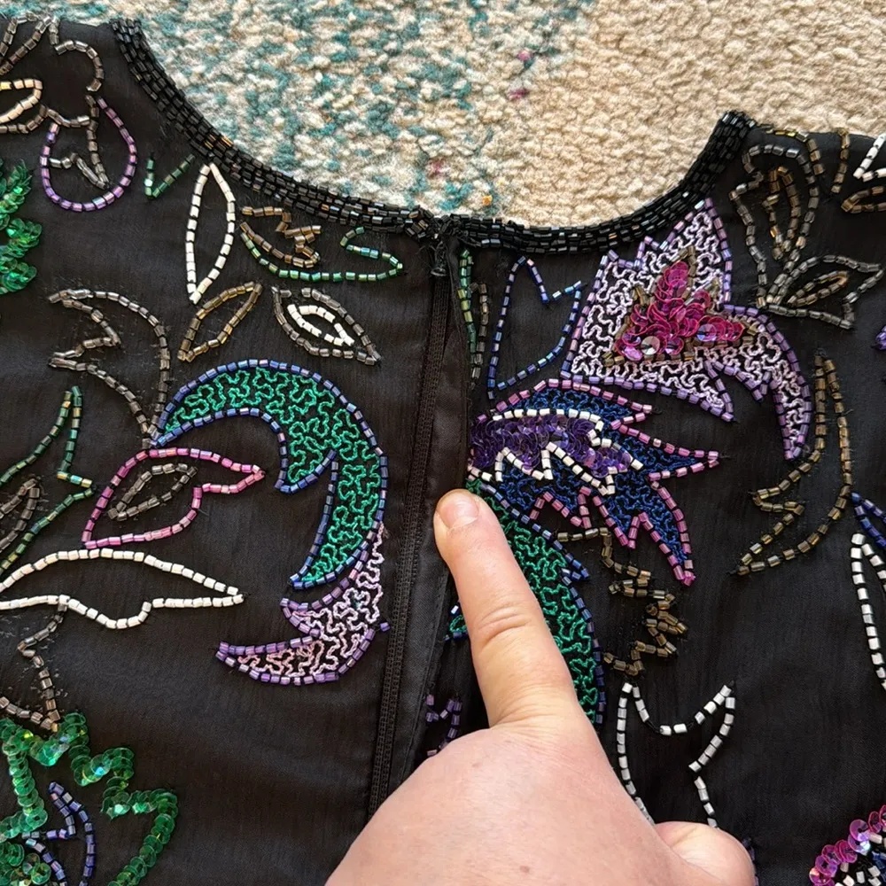 Vintage Laurence Kazar Silk Beaded Floral Blouse Black Multicolor Large - Image 6