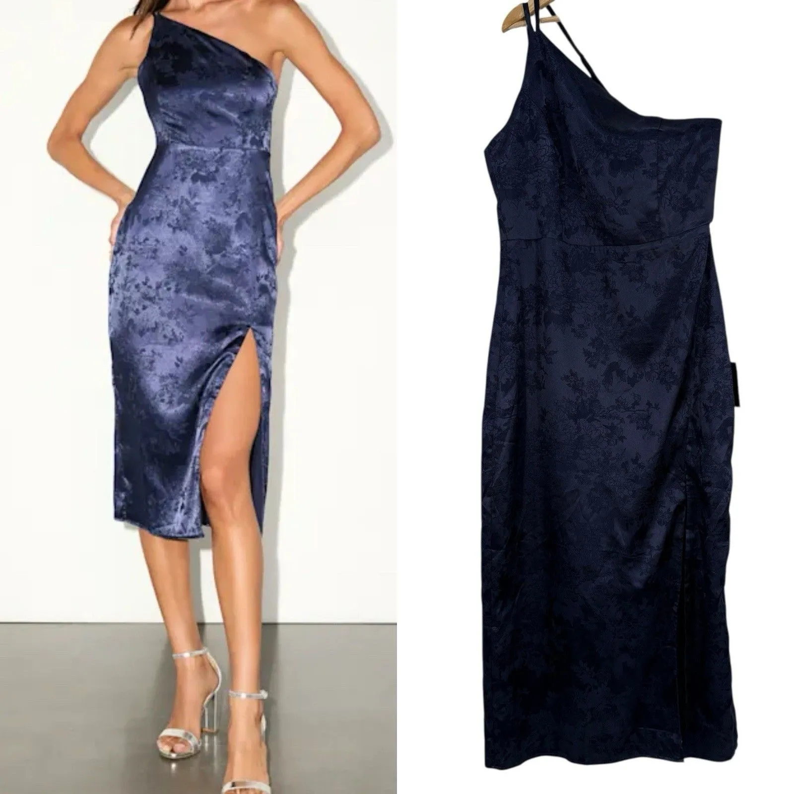 Lulus Desirable Dream Navy Blue Satin Jacquard Halter Neck Midi Dress Size S - Image 2