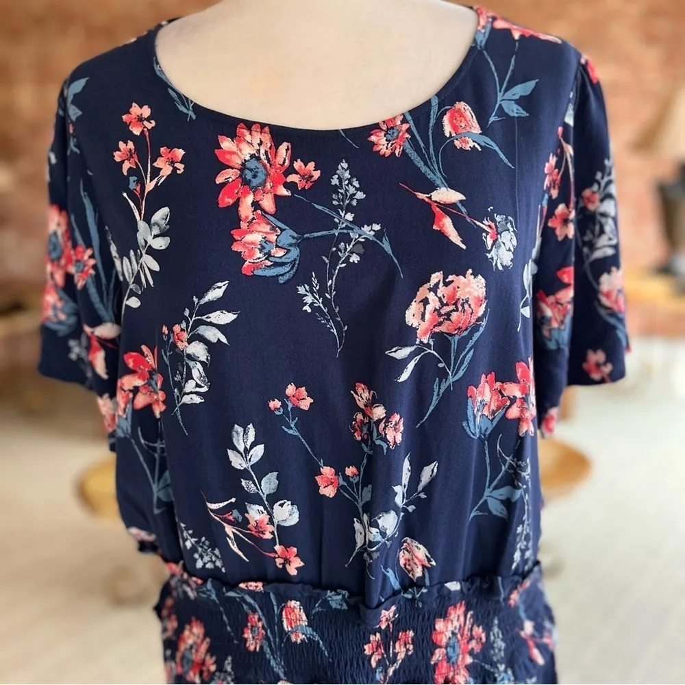 Caslon Dress Blue Floral Smocked Waist Short Sleeve Mini XXL A-Line Preppy - Image 7