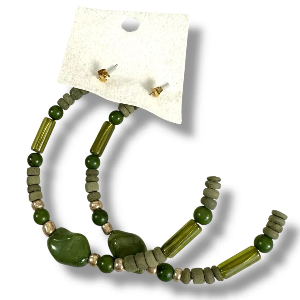 Free People Bom Bom Island Beaded Bohemian Half Hoops in Green NWT Beach - Image 9