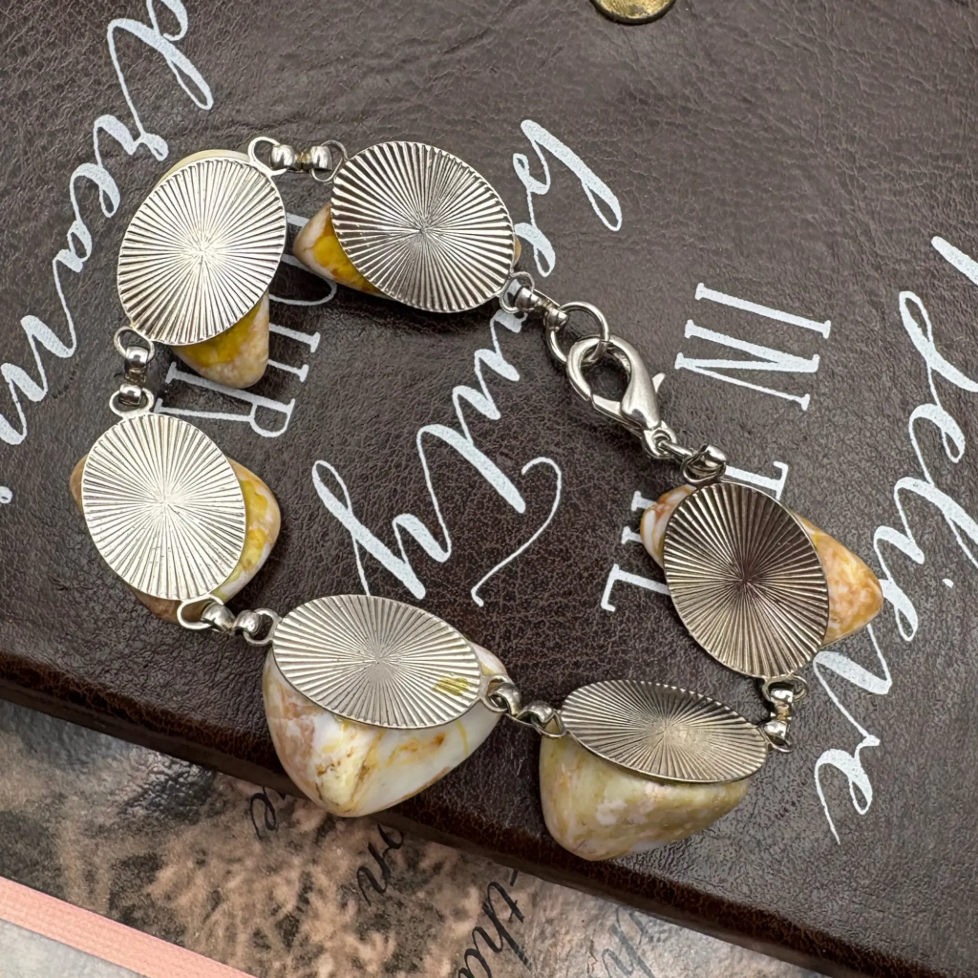 Vintage Handmade Stone Link Bracelet 7” Earthy Jasper Agate Boho Jewelry Tan - Image 4