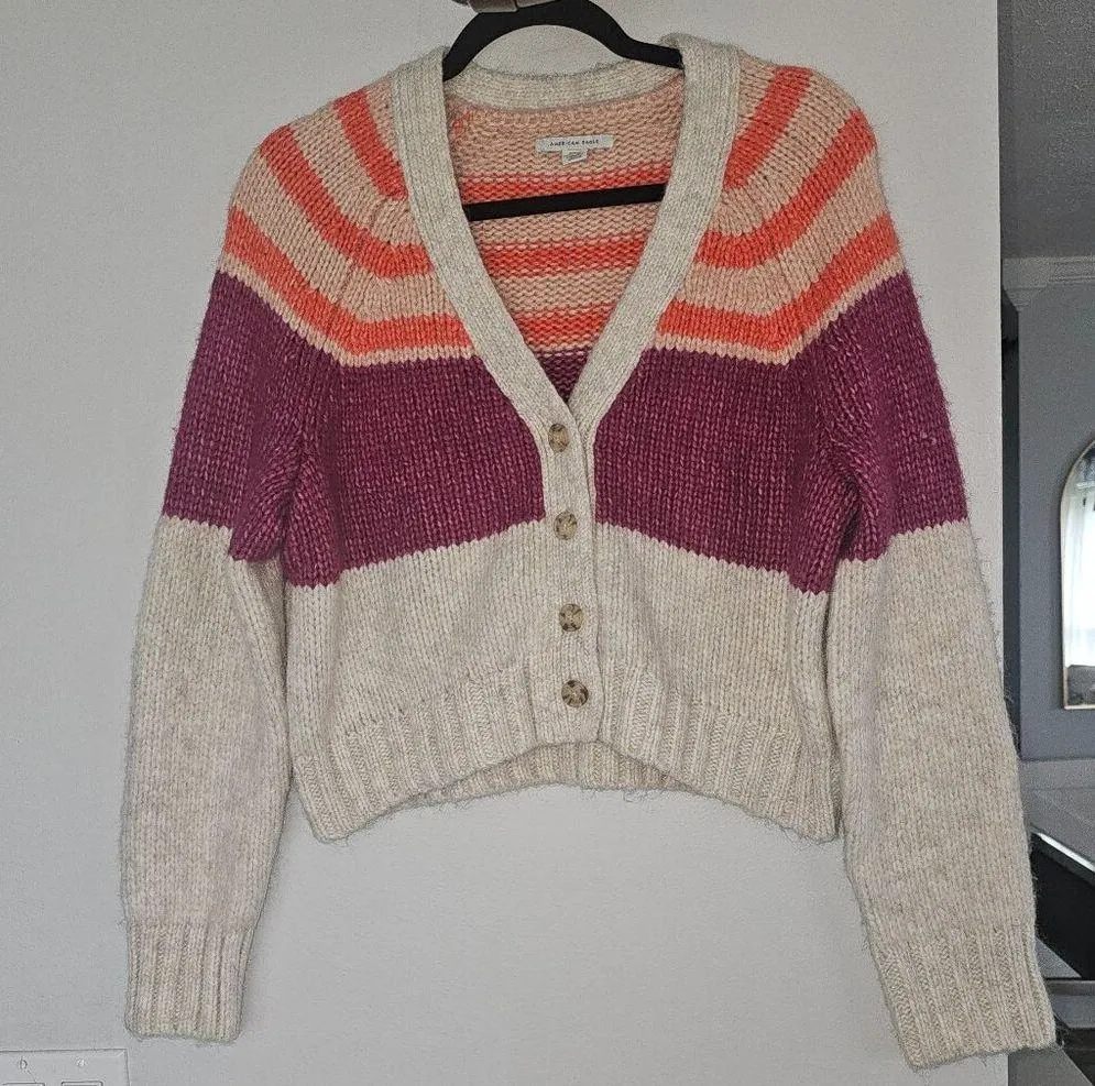 American Eagle Striped Cardigan Cropped Button Front Long Sleeve Size M NWOT - Image 3