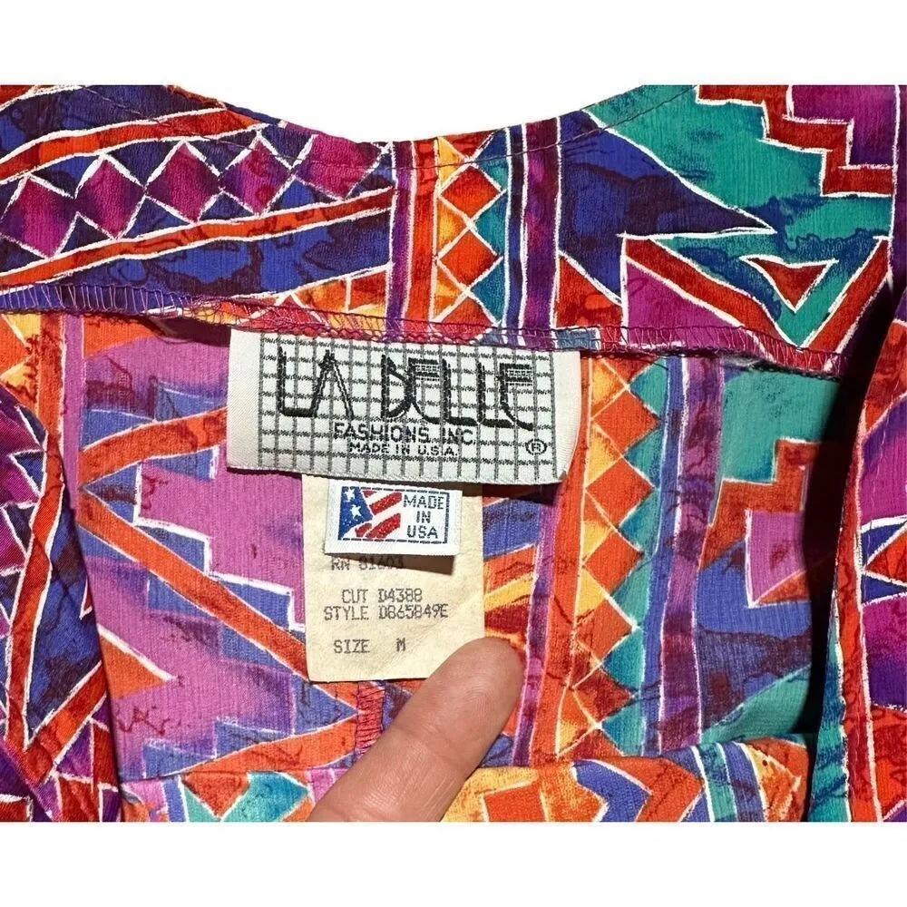 Vintage 90s La Belle Aztec Print Midi Dress Purple Magenta Boho Sz M Boho Indie Size M - Image 5