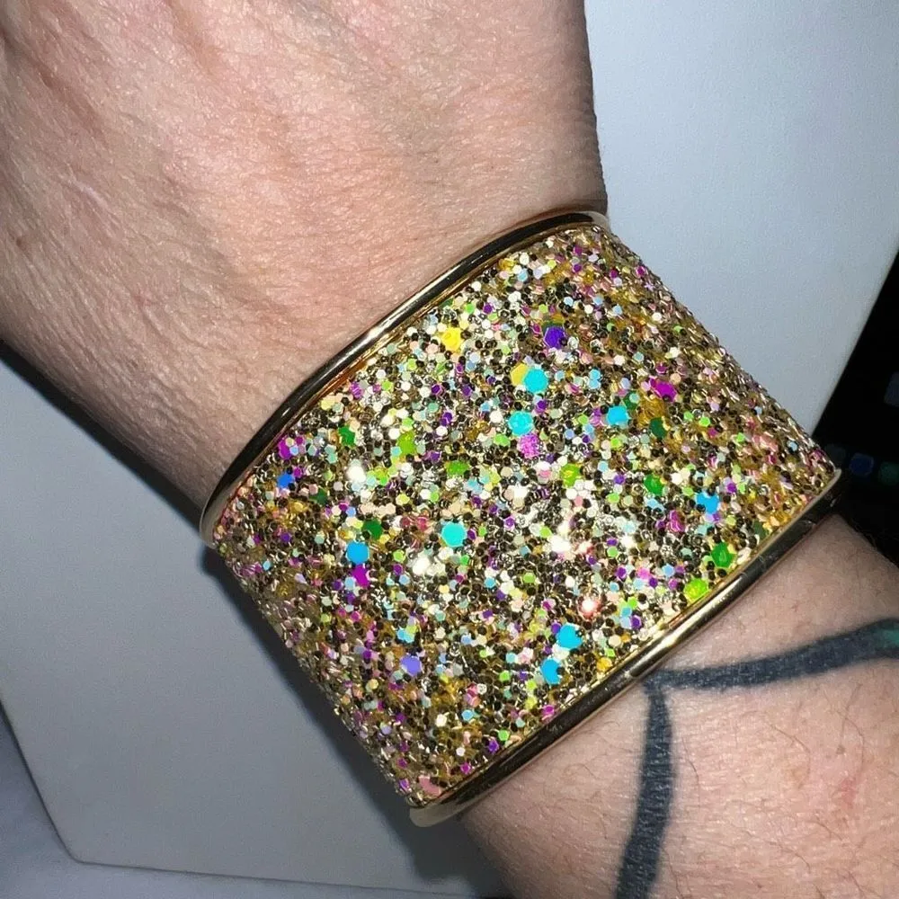 Gold Tone Large Chunky Iridescent Sparkle Cuff Bracelet - Image 3