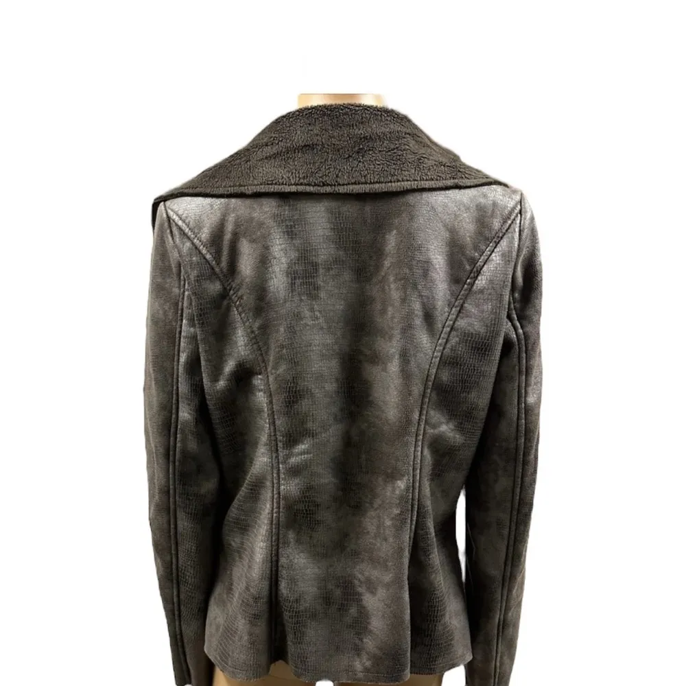 Monoreno Faux Leather Fur Lined Moto Jacket Brown Gray Coat Womens Medium - Image 9