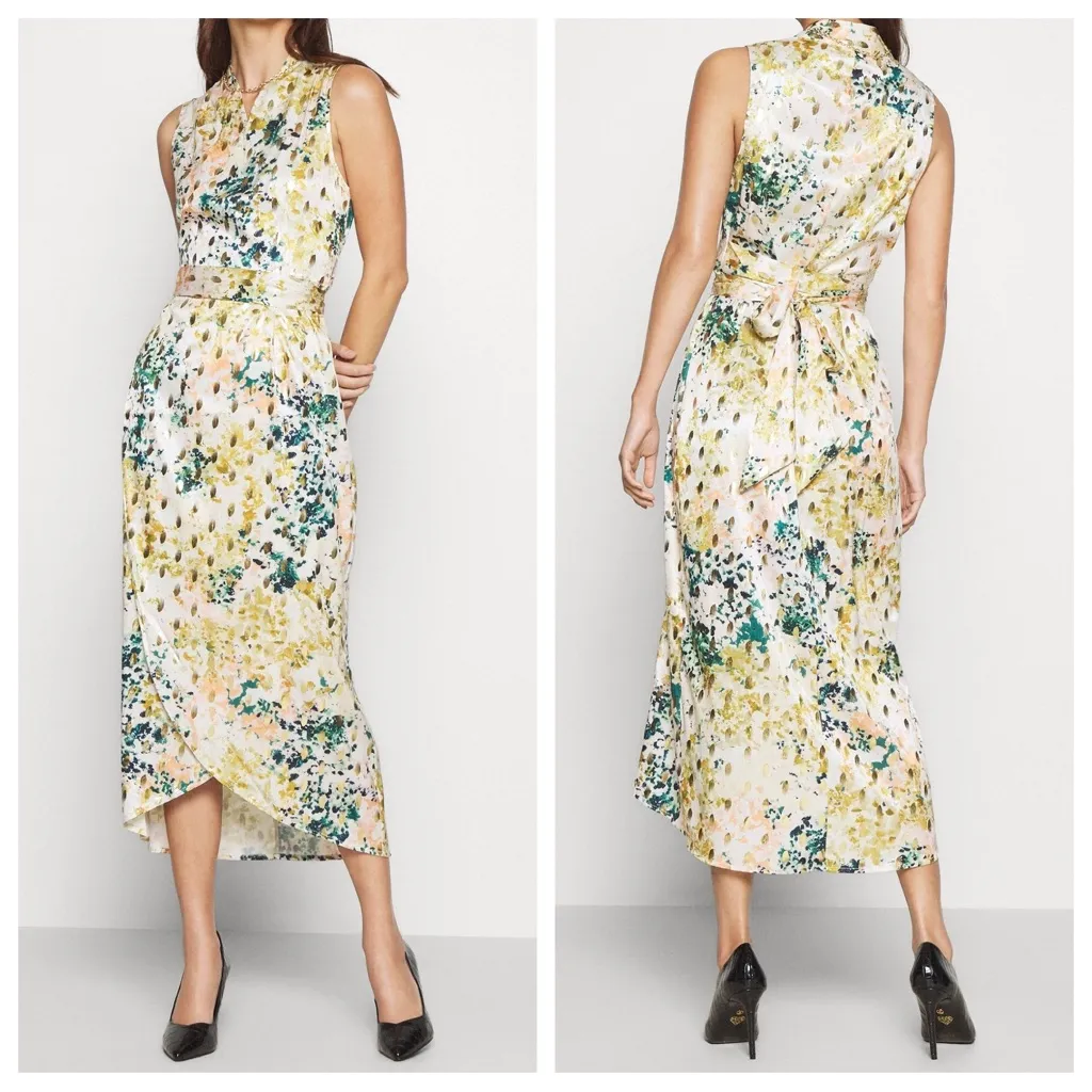 Never Fully Dressed Zsu Zsu Gold Foil and Green Sleeveless Wrap Dress - Image 4